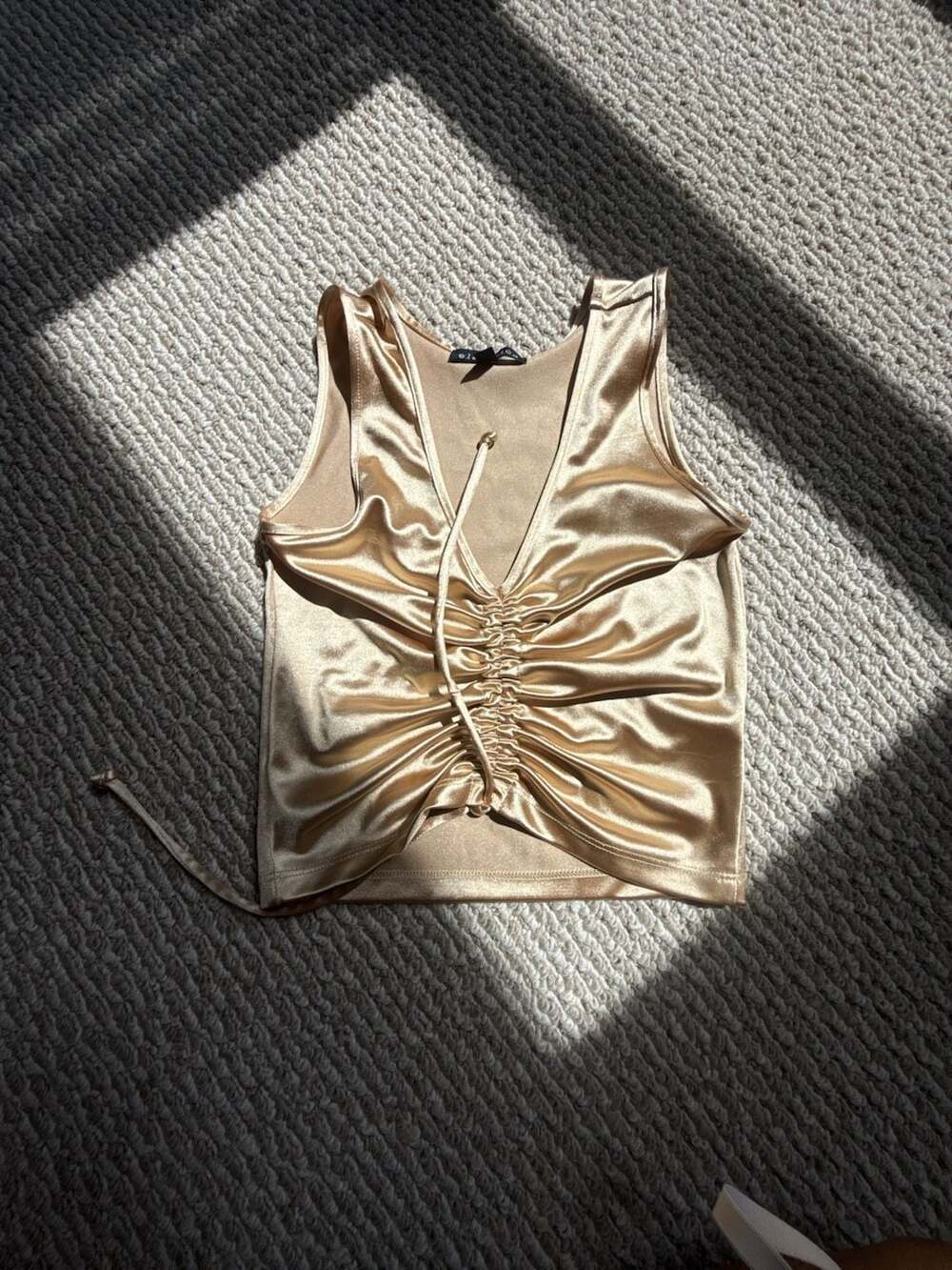 electrica Gold Ruched Satin V-Neck Cami Tank Top